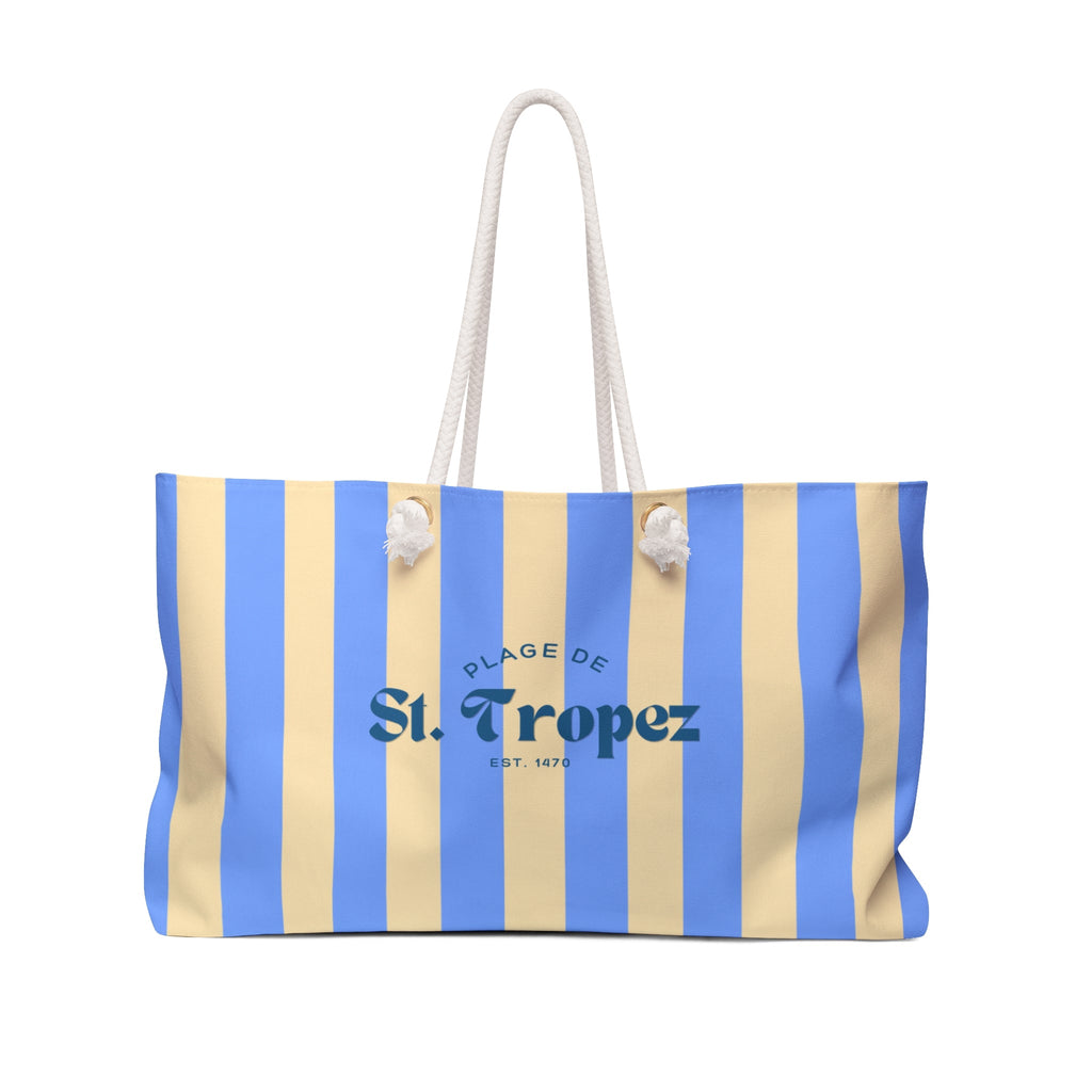 St. Tropez Striped Weekender Bag, Soft Blue — Beach Tote with Rope Handles