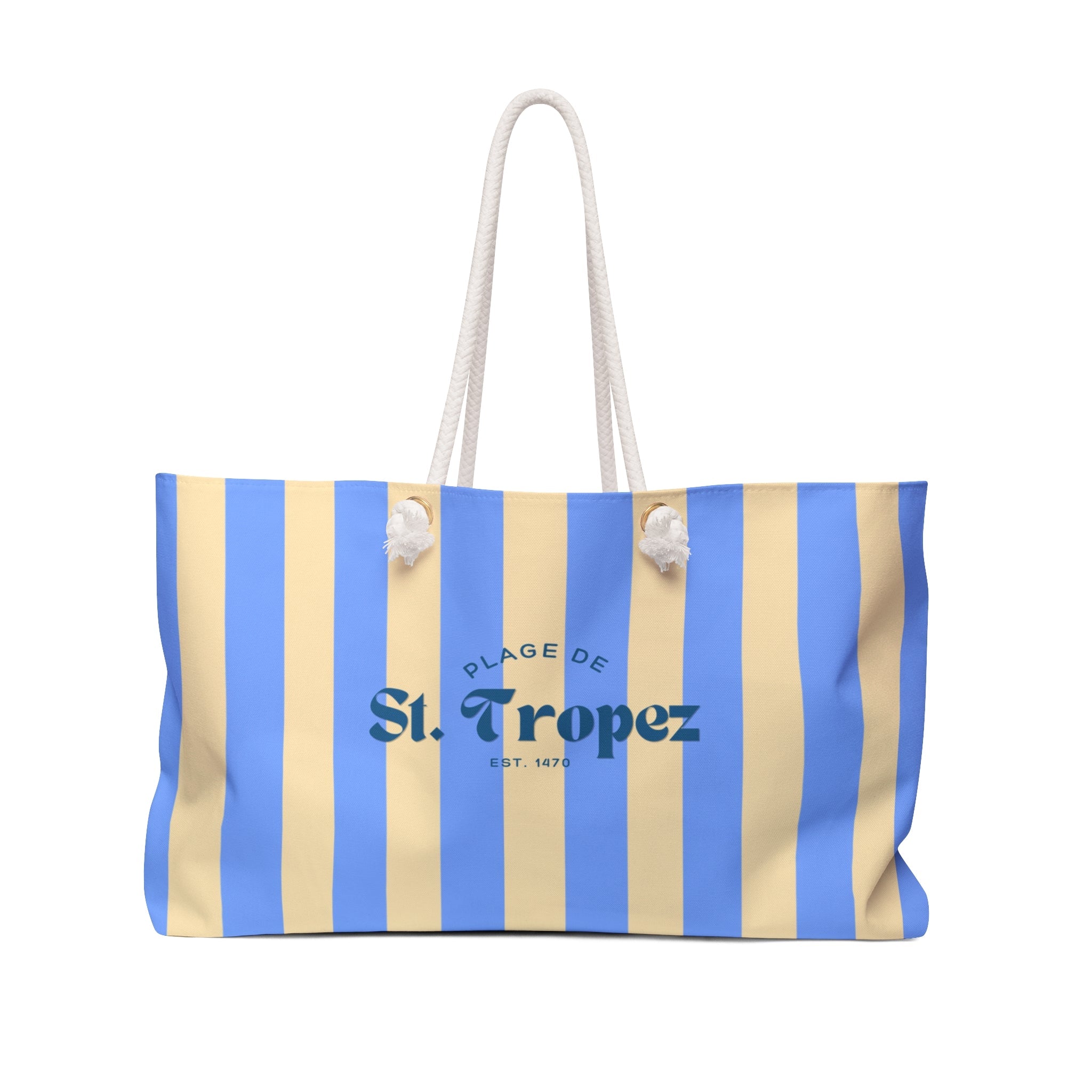St. Tropez Striped Weekender Bag, Soft Blue — Beach Tote with Rope Handles