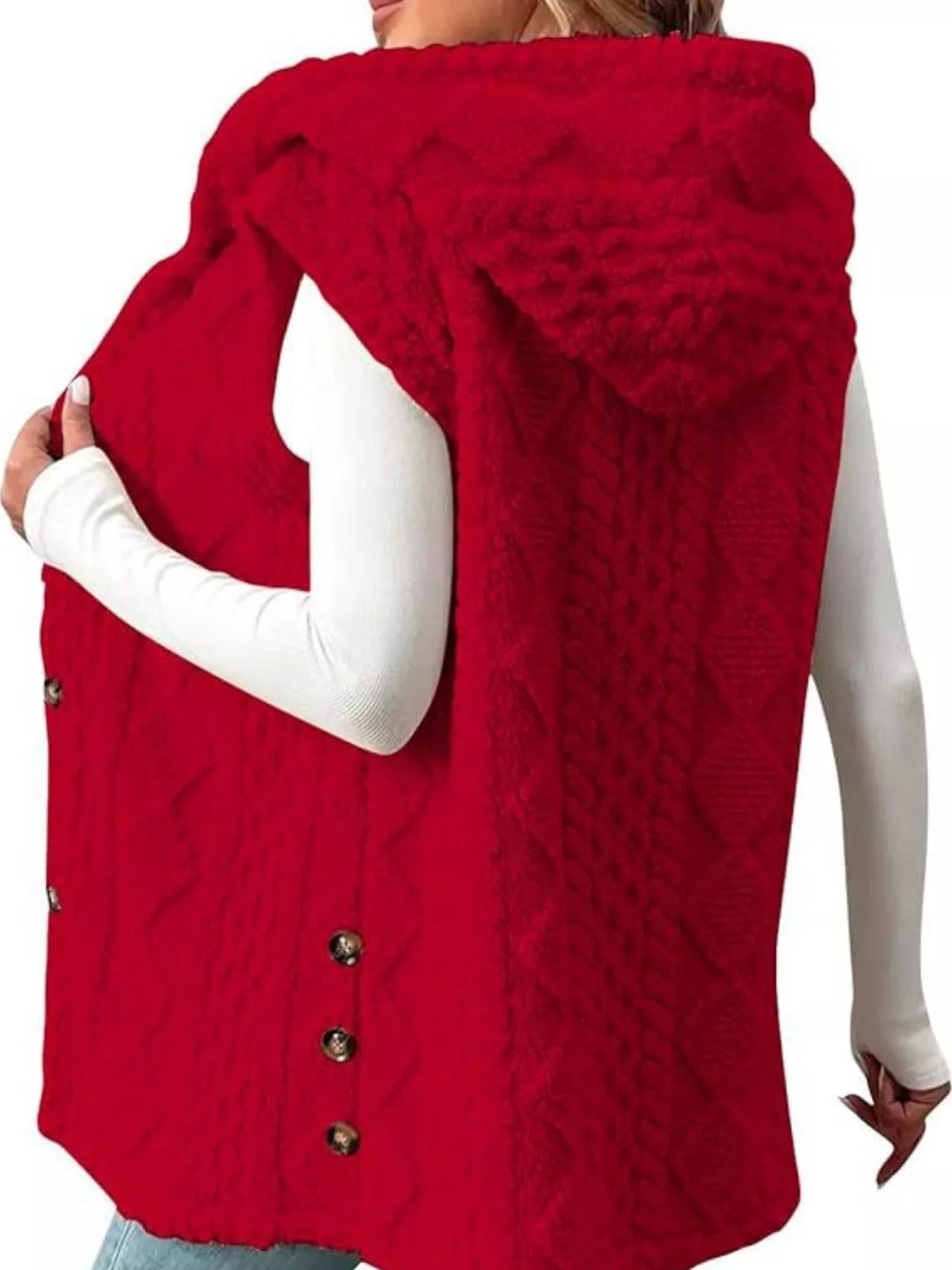 Hooded Button-Up Sherpa Vest Coat