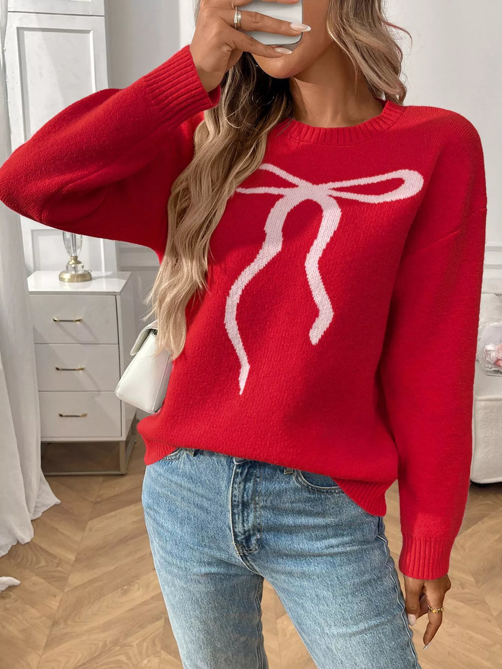 Bow Round Neck Long Sleeve Sweater