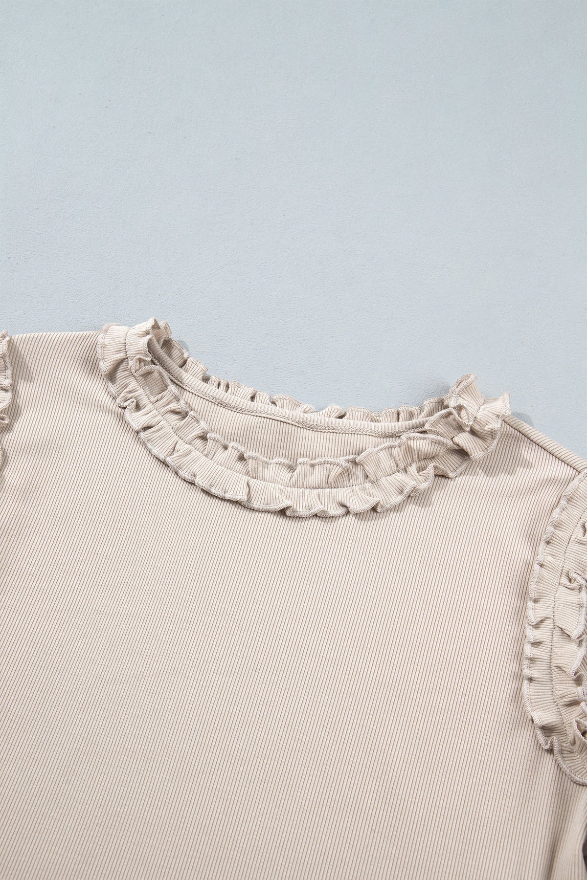 Solid Ribbed Knit Frilled Long Sleeve Top