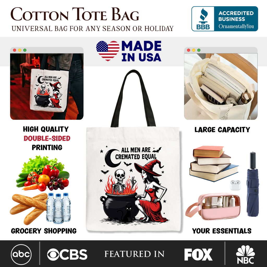 All Men Are Cremated Equal Halloween Tote Bag, Funny Witch