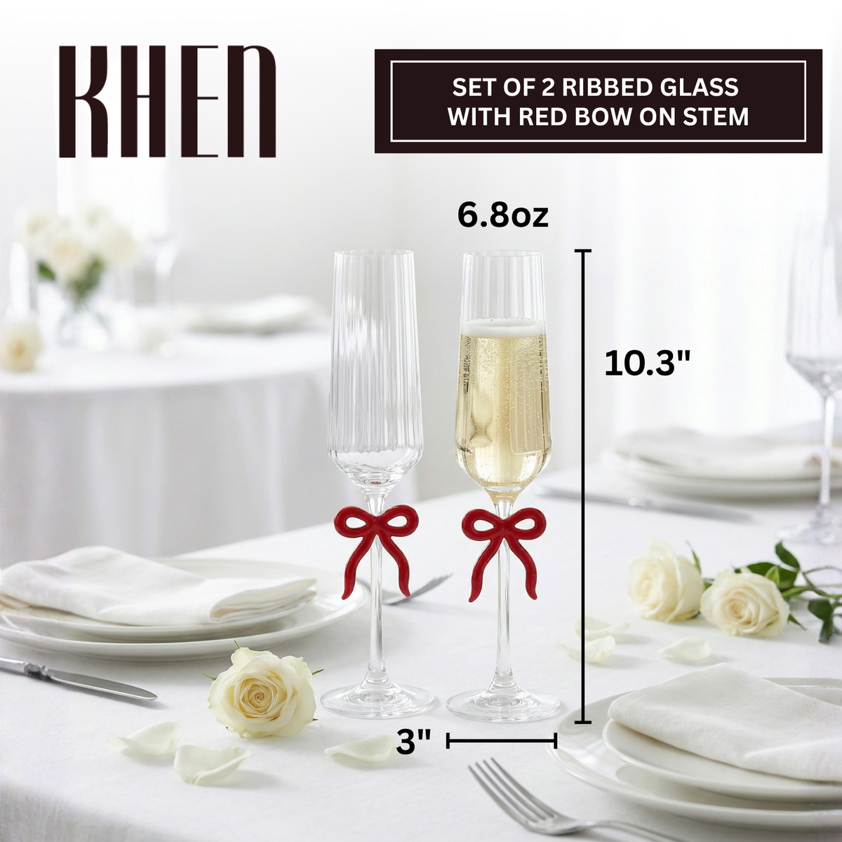 Clear Champagne Glass with Red Bow on Stem, Set of 2
