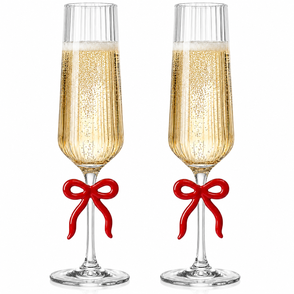 Clear Champagne Glass with Red Bow on Stem, Set of 2