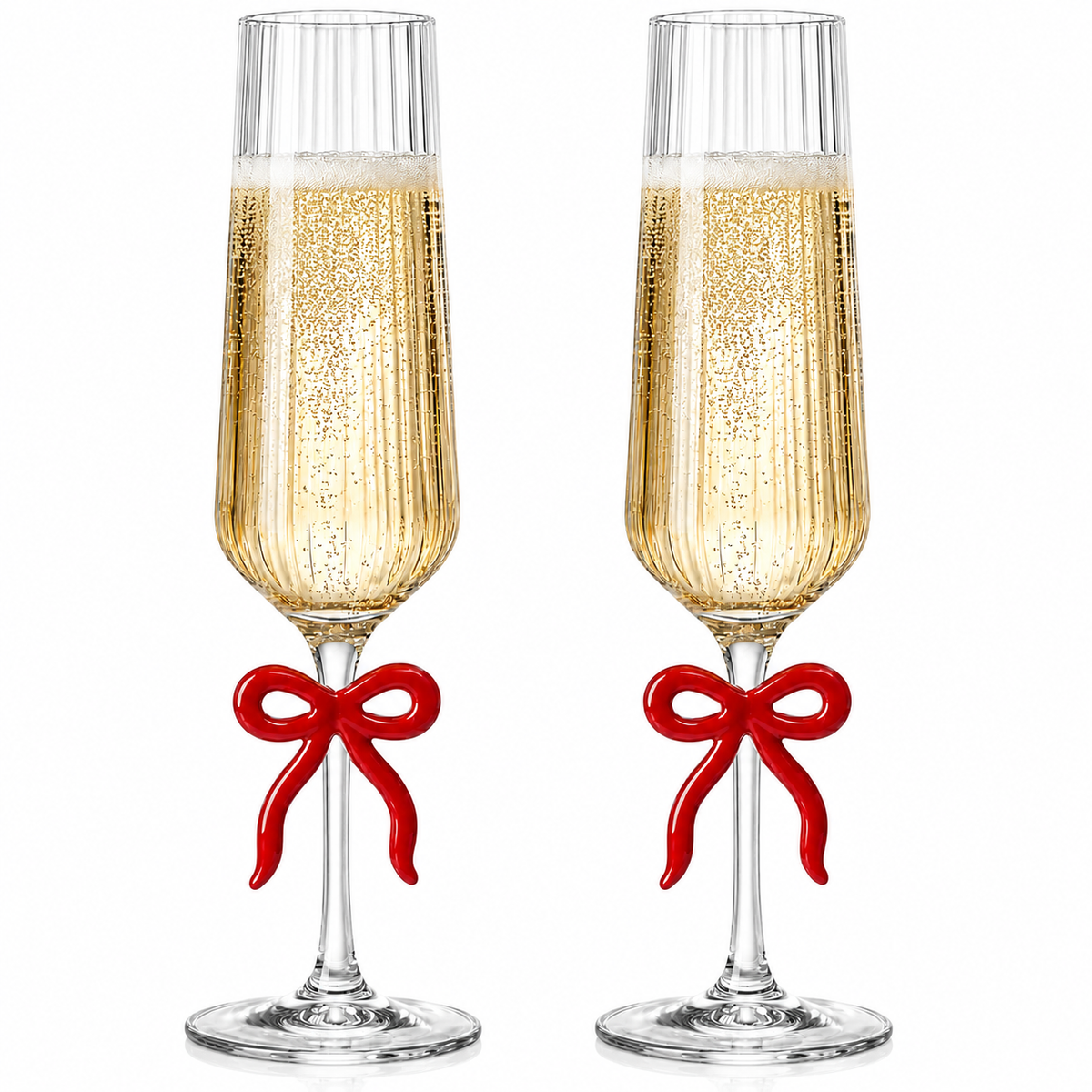 Clear Champagne Glass with Red Bow on Stem, Set of 2