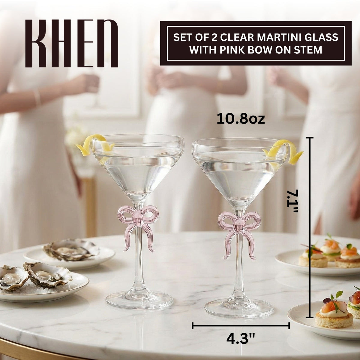 Clear Martini Glass with Pink Bow on Stem, Set of 2