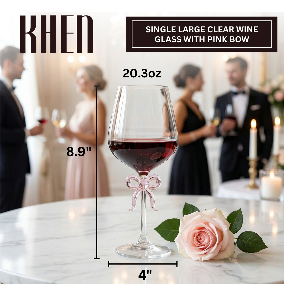 Large Clear Wine Glass with Pink Bow on Stem, One Piece