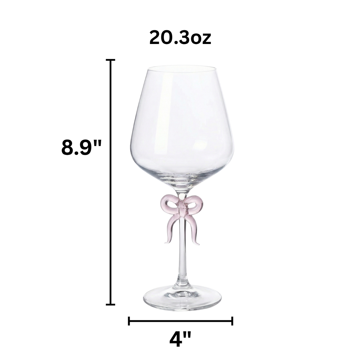 Large Clear Wine Glass with Pink Bow on Stem, One Piece