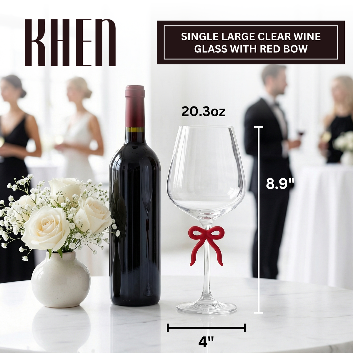 Large Clear Wine Glass with Red Bow on Stem, One Piece