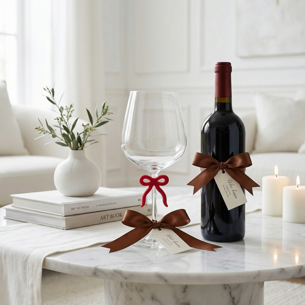 Large Clear Wine Glass with Red Bow on Stem, One Piece