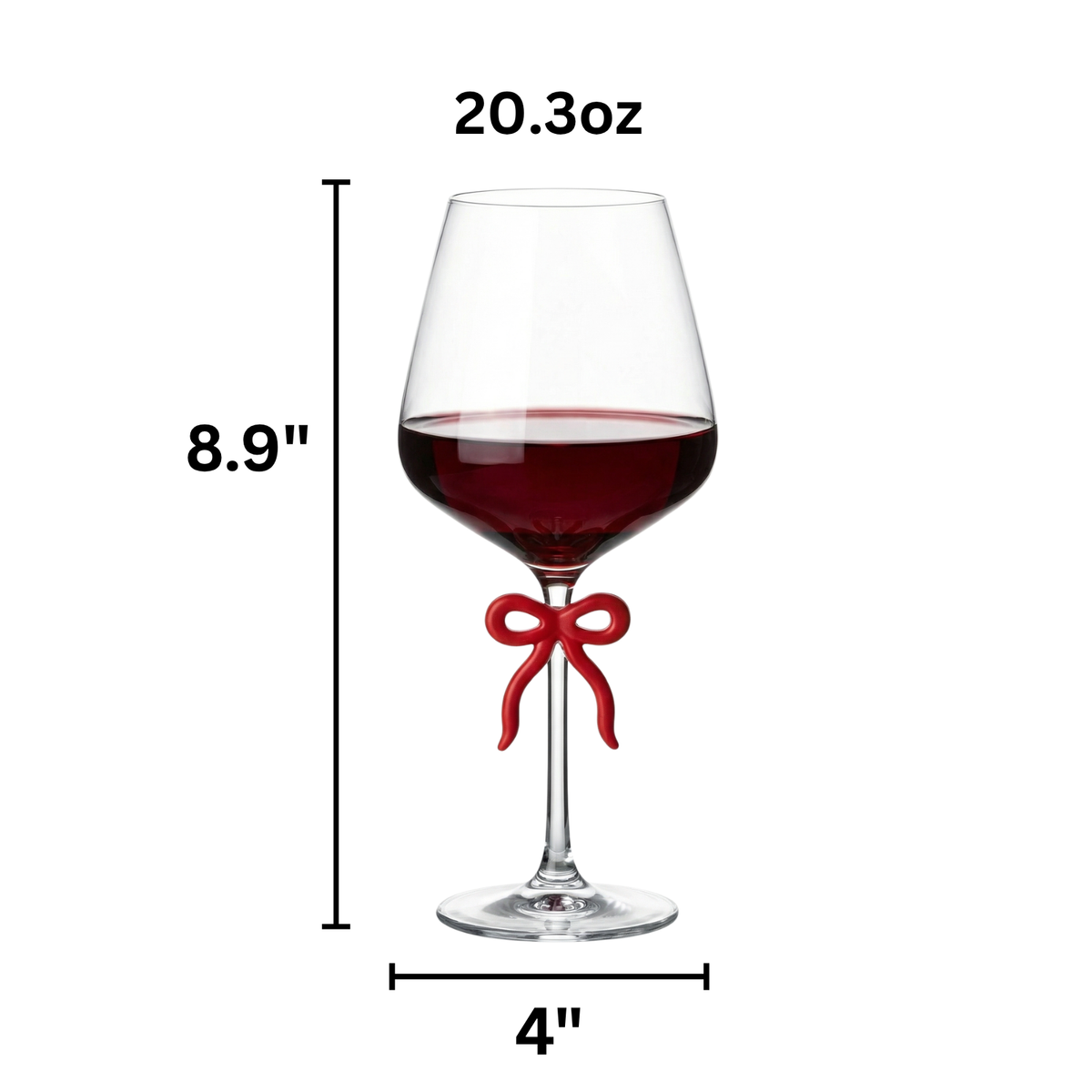 Large Clear Wine Glass with Red Bow on Stem, One Piece