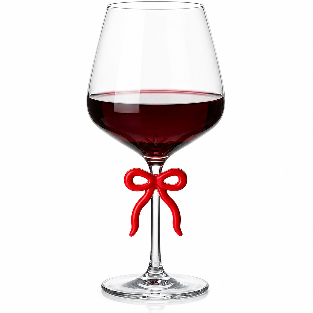 Large Clear Wine Glass with Red Bow on Stem, One Piece