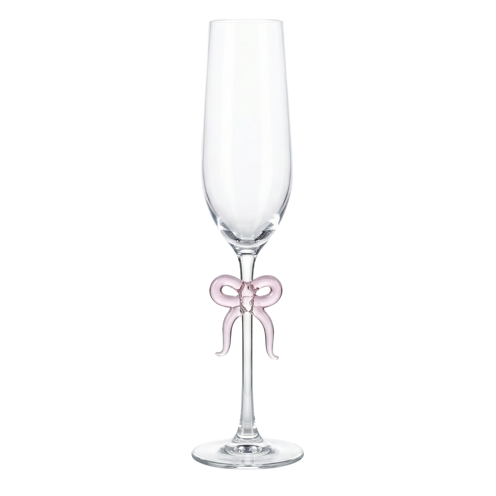 Single Clear Champagne Glass with Pink Bow on Stem, One Piece