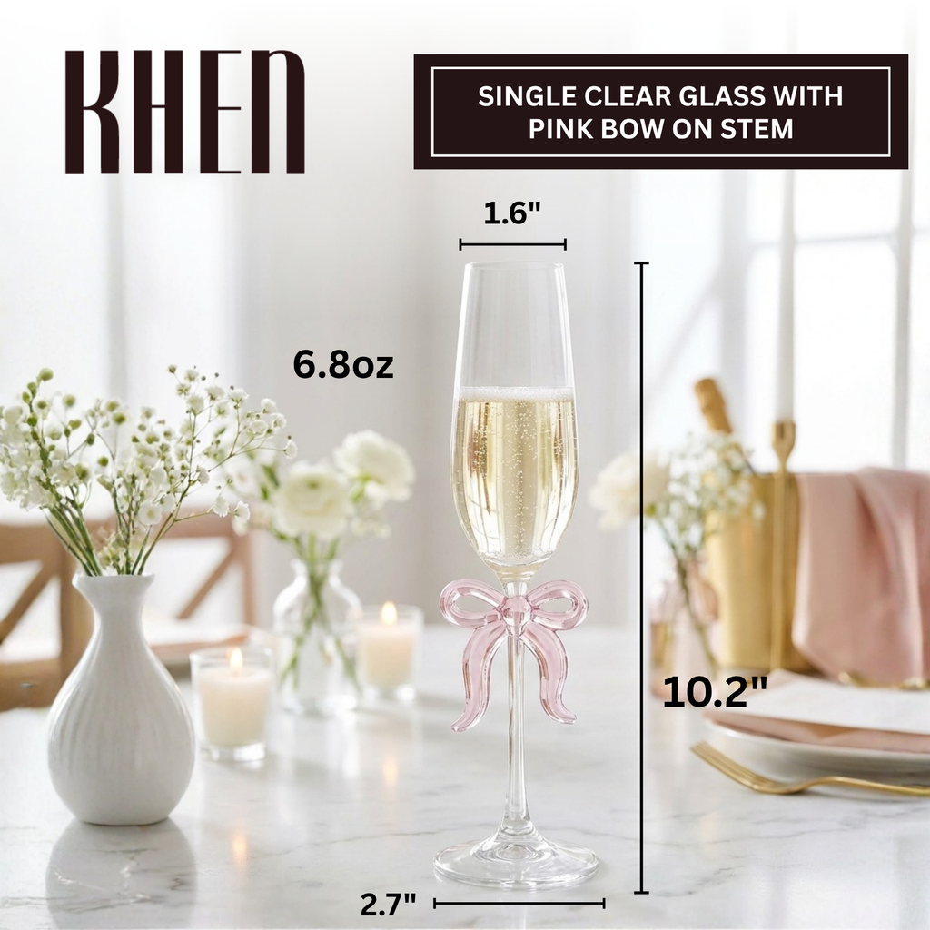 Single Clear Champagne Glass with Pink Bow on Stem, One Piece