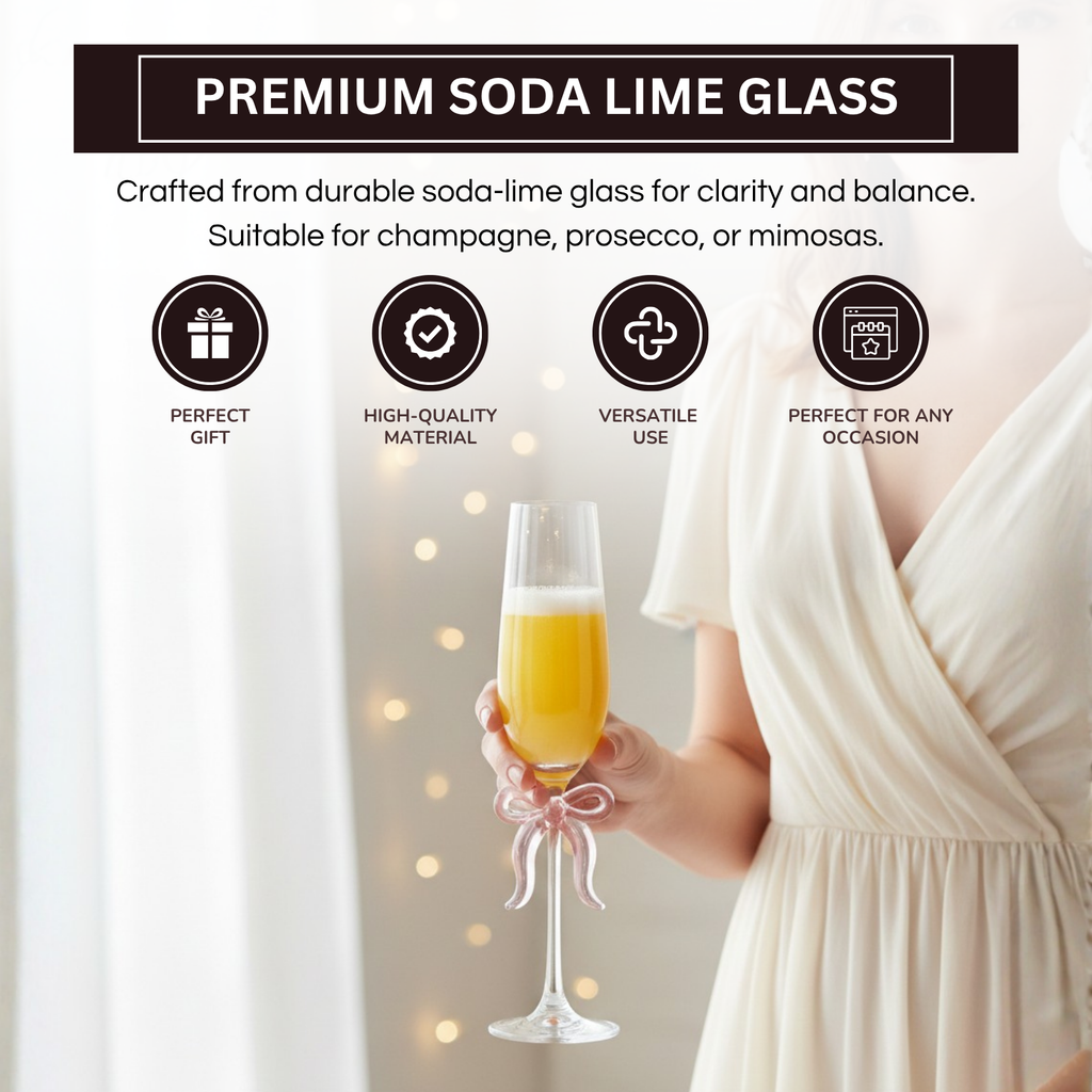Single Clear Champagne Glass with Pink Bow on Stem, One Piece