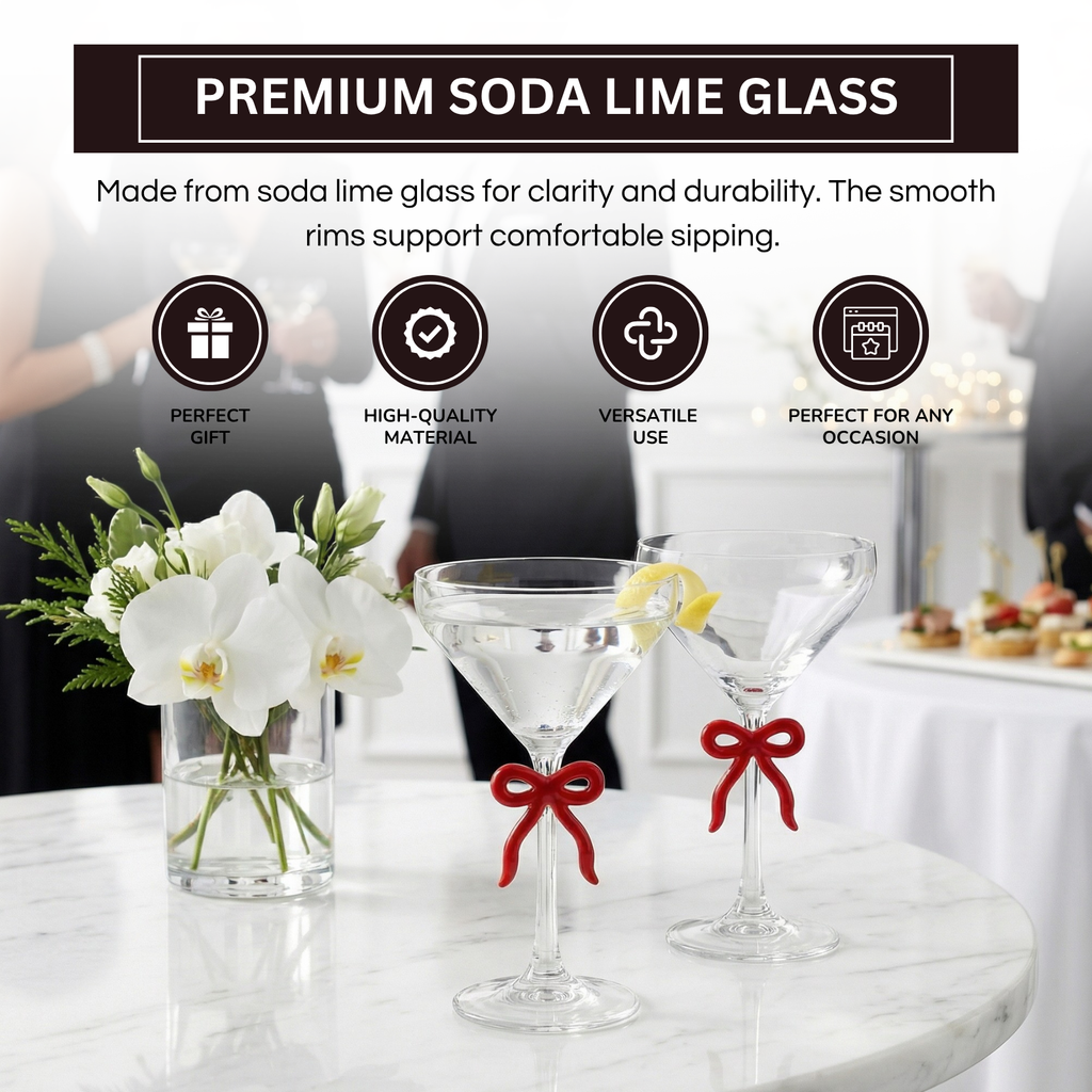 Clear Martini Glass with Red Bow on Stem, Set of 2