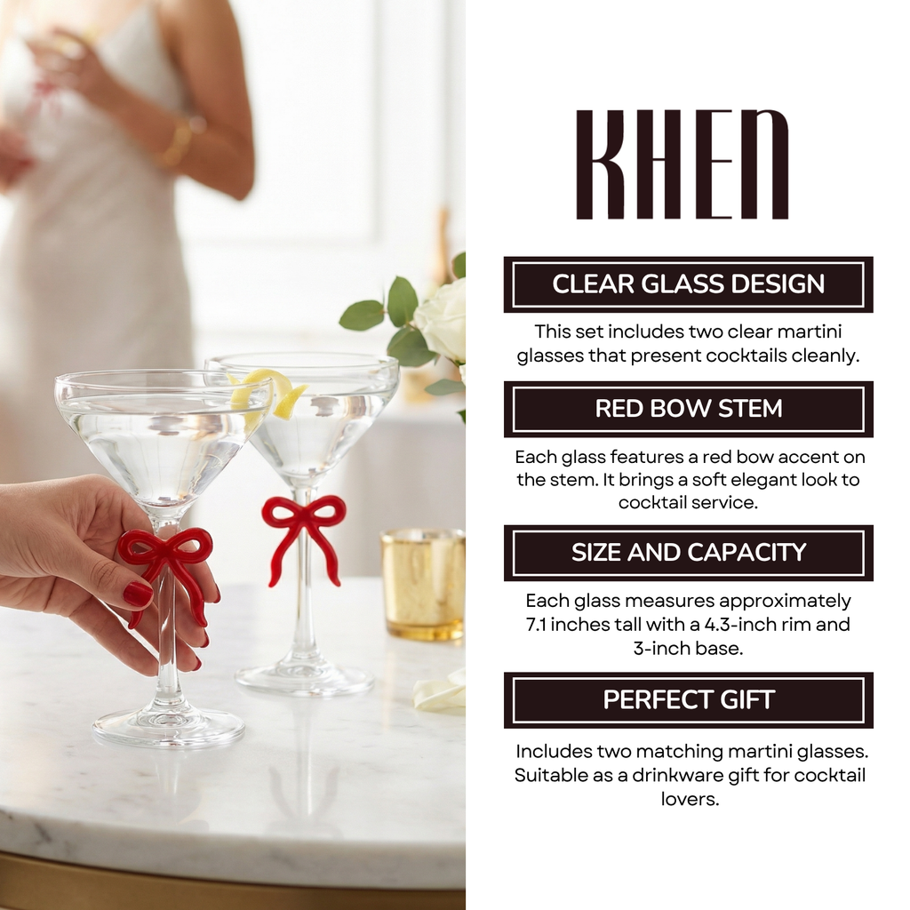 Clear Martini Glass with Red Bow on Stem, Set of 2