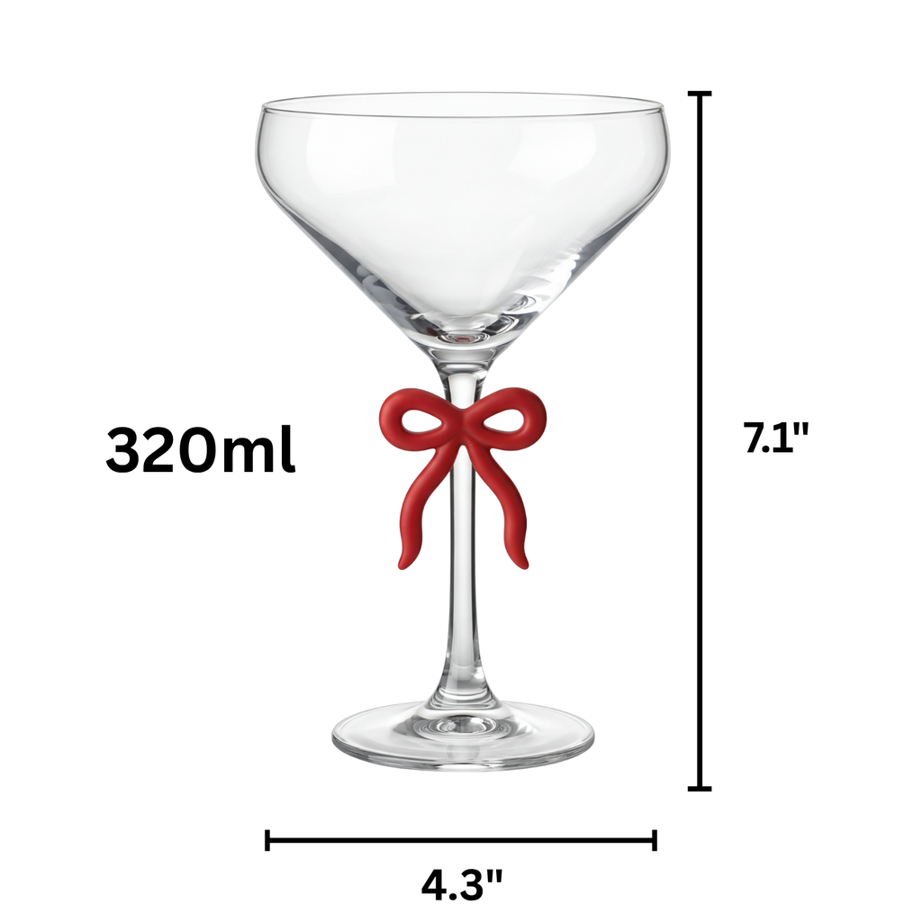 Clear Martini Glass with Red Bow on Stem, Set of 2