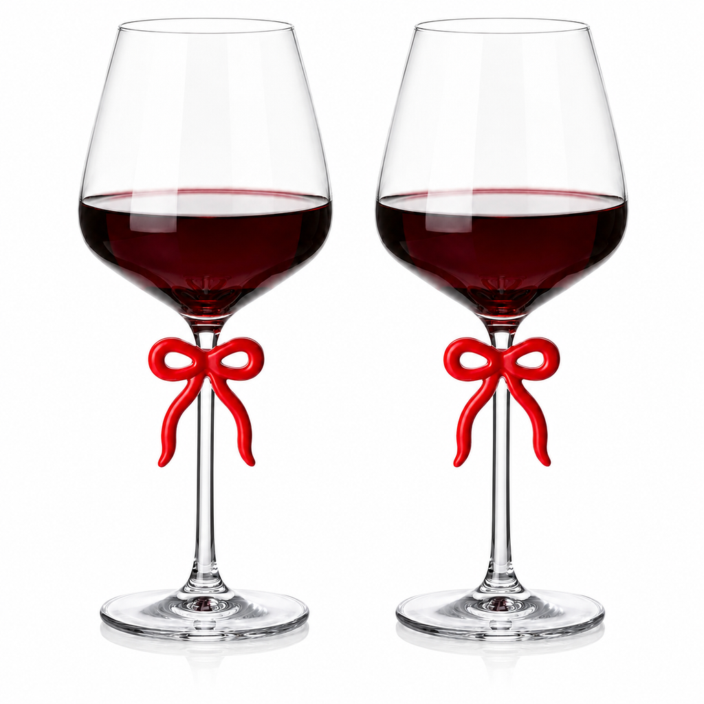 Large Clear Wine Glass with Red Bow on Stem, Set of 2