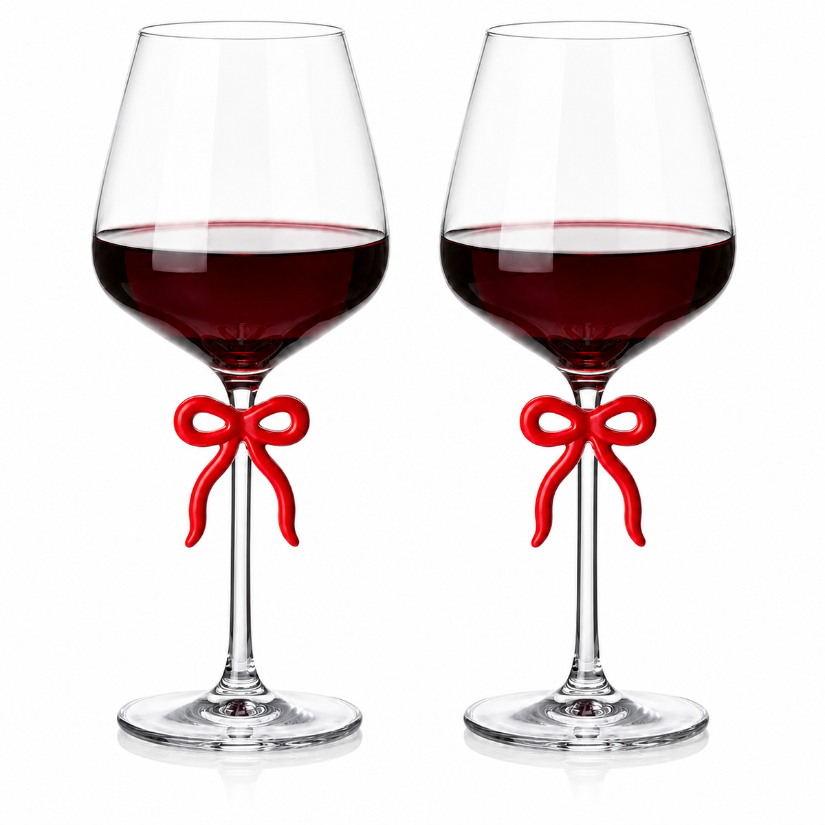 Large Clear Wine Glass with Red Bow on Stem, Set of 2
