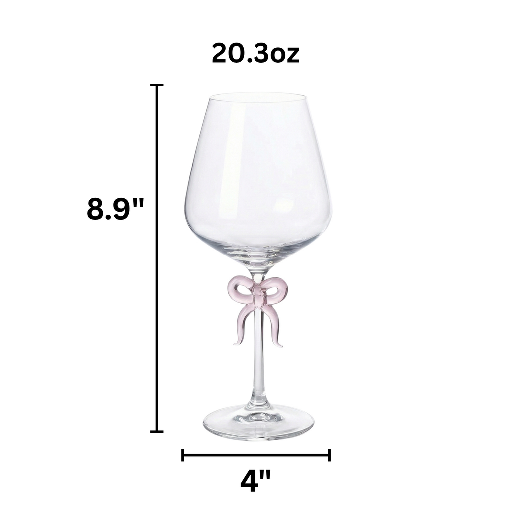 Large Clear Wine Glass with Pink Bow on Stem, Set of 2