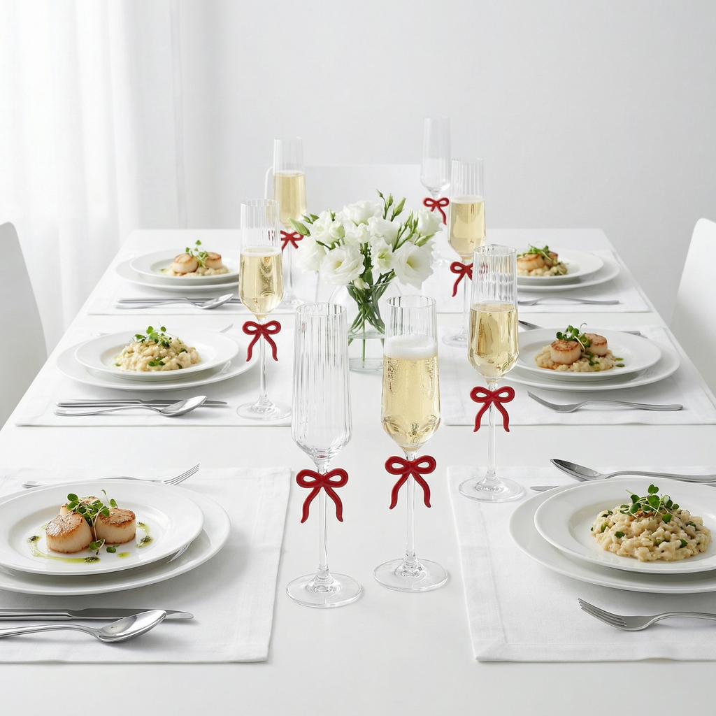 Single Ribbed Clear Champagne Glass with Red Bow on Stem