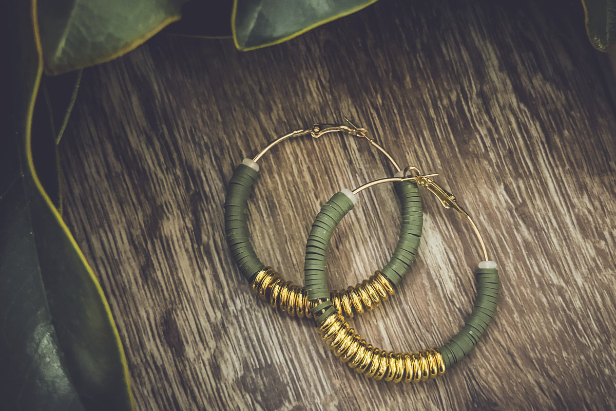 Beautiful Green and Gold Clay Hoops