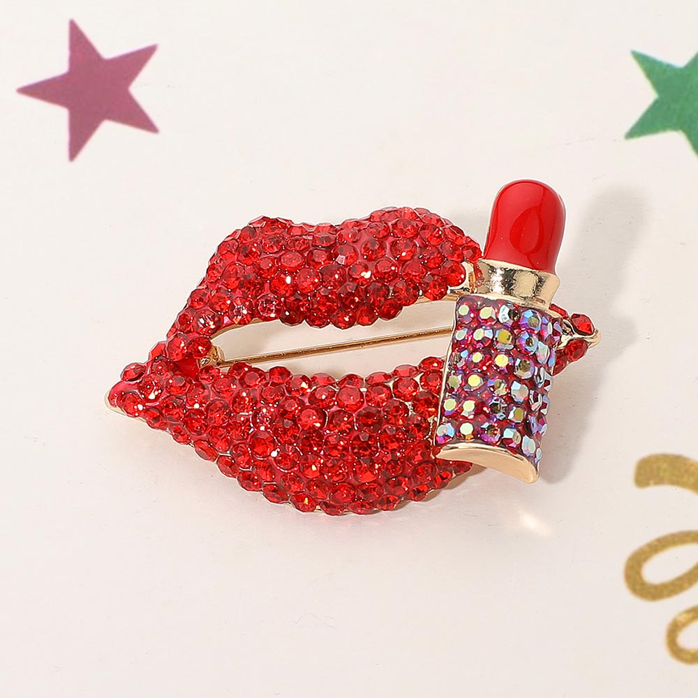 Women's Bling Studded Lip and Lipstick Pin Brooch