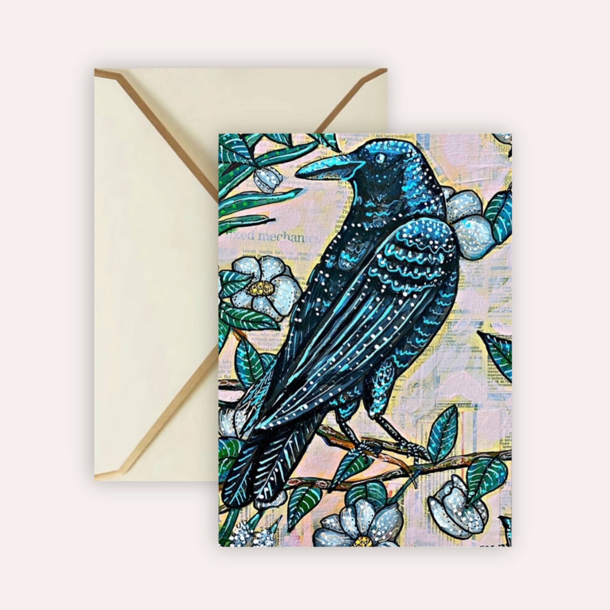 Vintage Floral Raven Fine Art Greeting Card