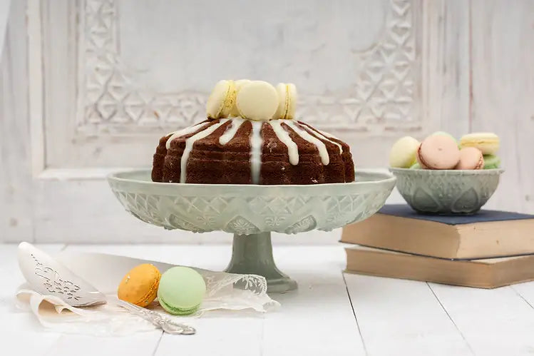 Vintage Inspired Handmade Ceramic Cake Stand – Green, White, Gray & Taupe