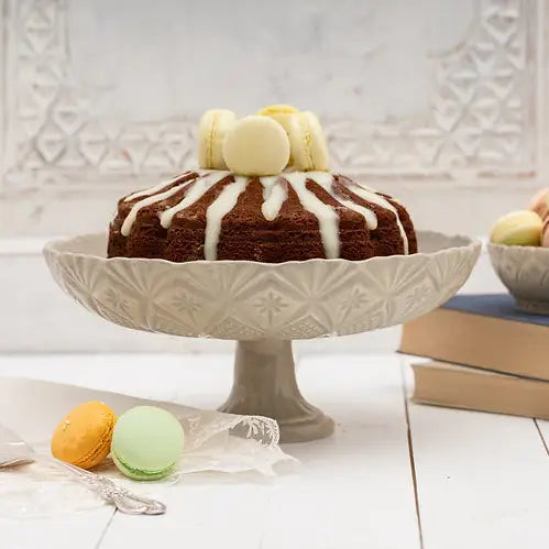 Vintage Inspired Handmade Ceramic Cake Stand – Green, White, Gray & Taupe