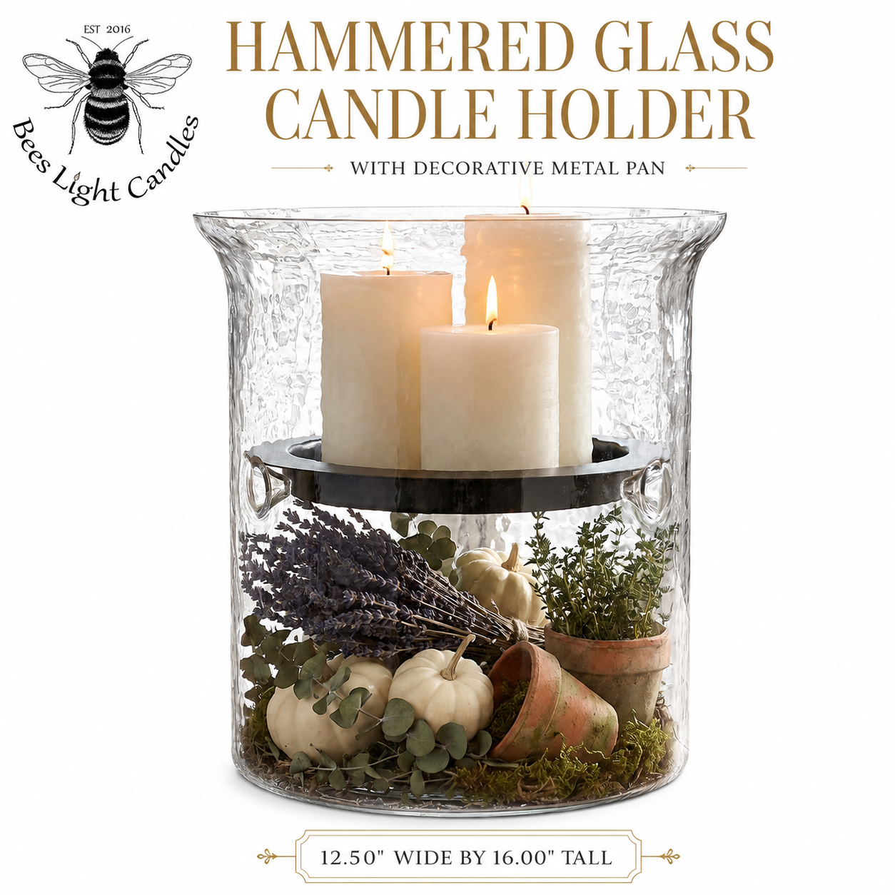 Hammered Glass Candle Holder with Decorative Metal Pan