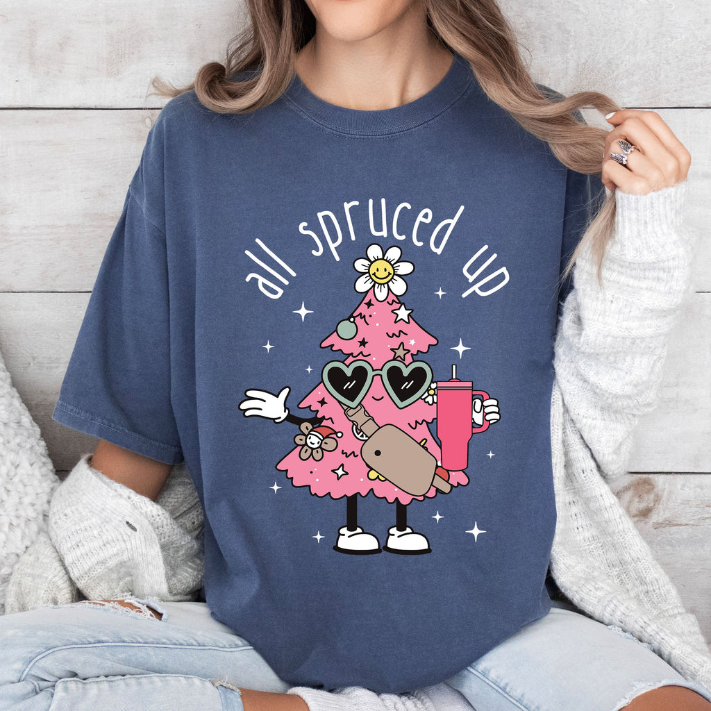 All Spruced Up Vintage Christmas Silhouette And Ornament Holly Wreath Scene Graphic Tee