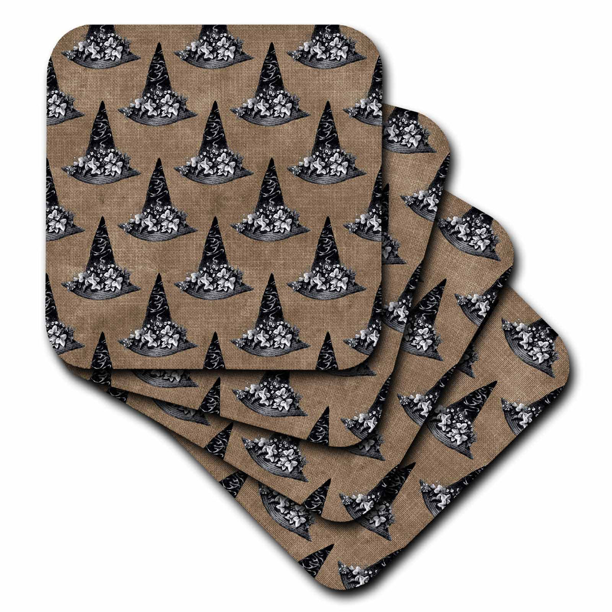 3dRose Cassie Peters Witch Decor - Witch Hats on Burlap Digital Background - Coasters (CST_354132)