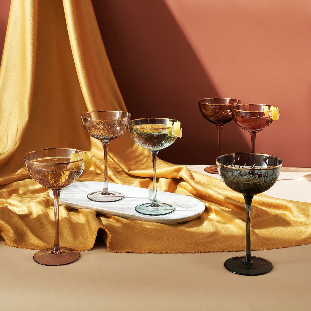 Tonal Gold Rim Champagne Coupe, Cocktail Glassware, Set of 6