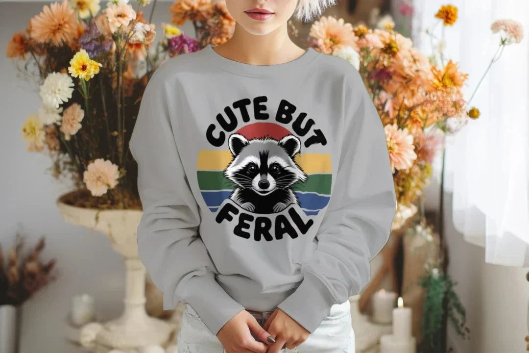 Cute But Feral Raccoon Kids Sweatshirt (Retro Stripe Graphic)