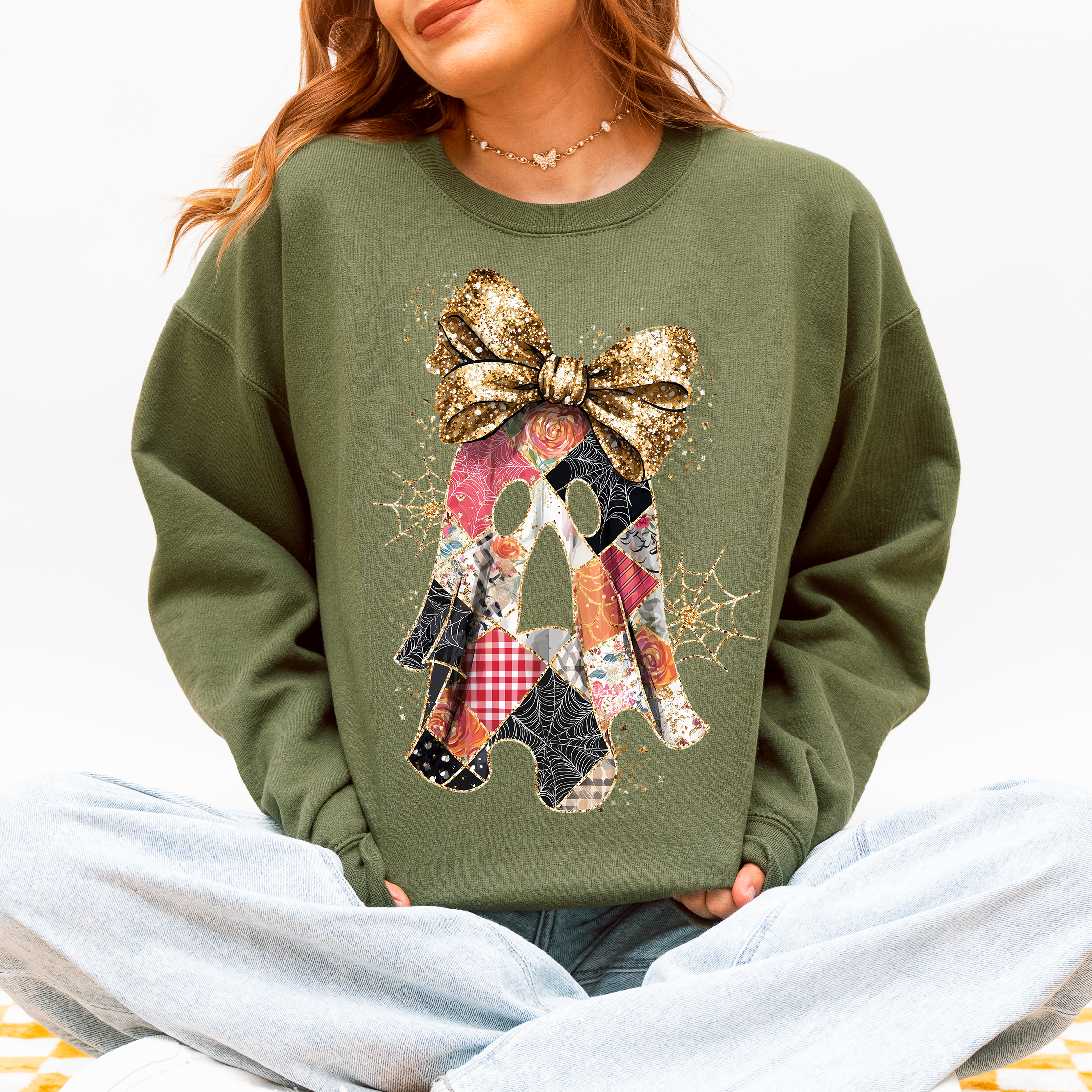 Faux Glitter Patchwork Ghost Coquette Halloween Retro Spooky Season Graphic Sweatshirt