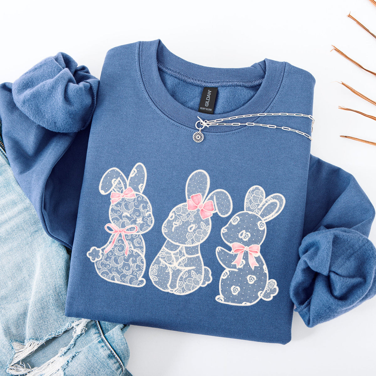 Faux Lace Bunny Coquette Ribbons In A Row Easter Holiday Bunny Jesus Rabbit Sweatshirt