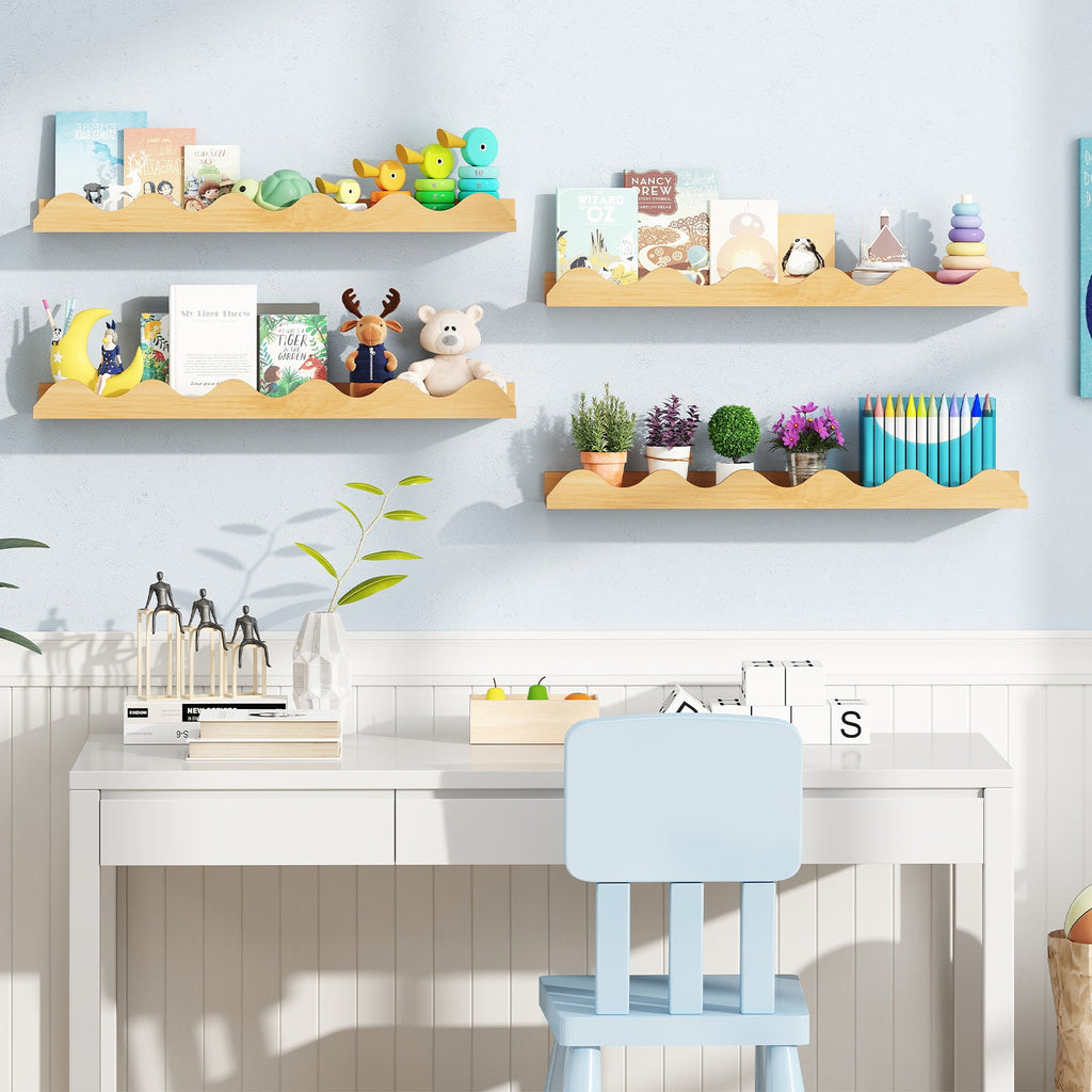 24 Inch Kids Bookshelf Set of 4 Wall-Mounted Picture Ledge Shelf-Natural