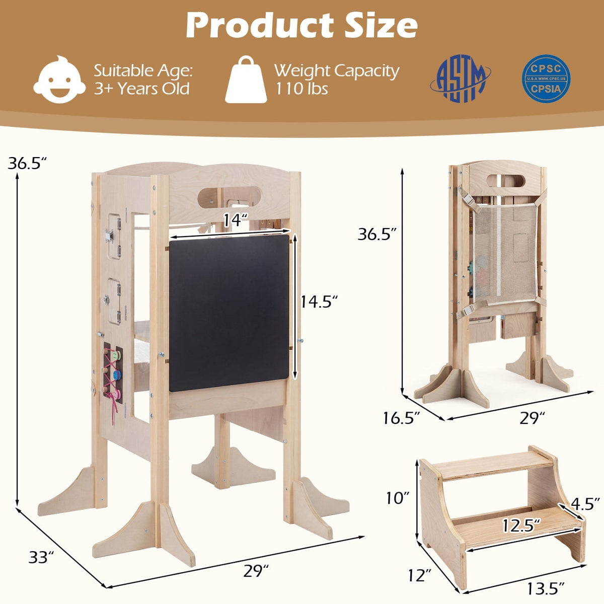 Foldable Toddler Step Stool Wooden Kitchen Standing Tower with 2