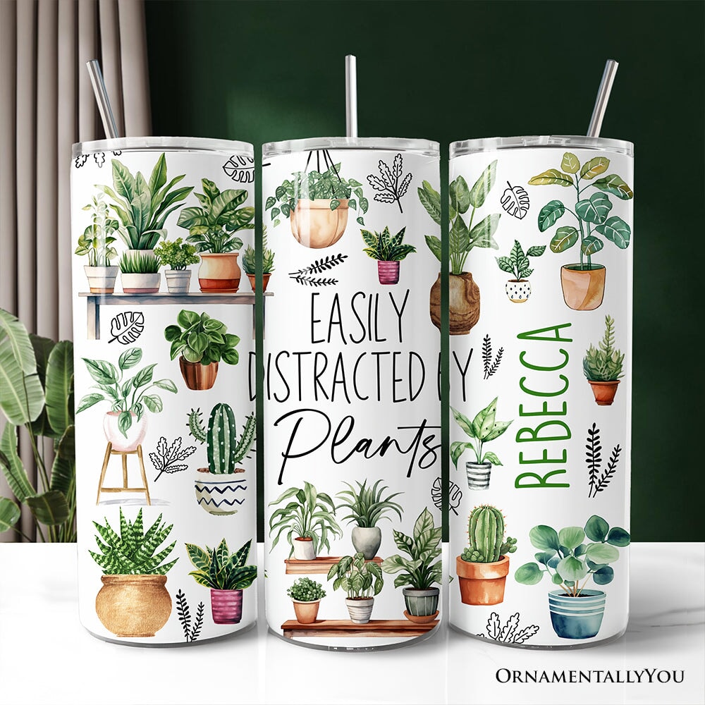 Funny Botanical Life 20oz Personalized Tumbler With Lid and Stainless Steel Straw, Easily Distracted By Plants Gift Cup