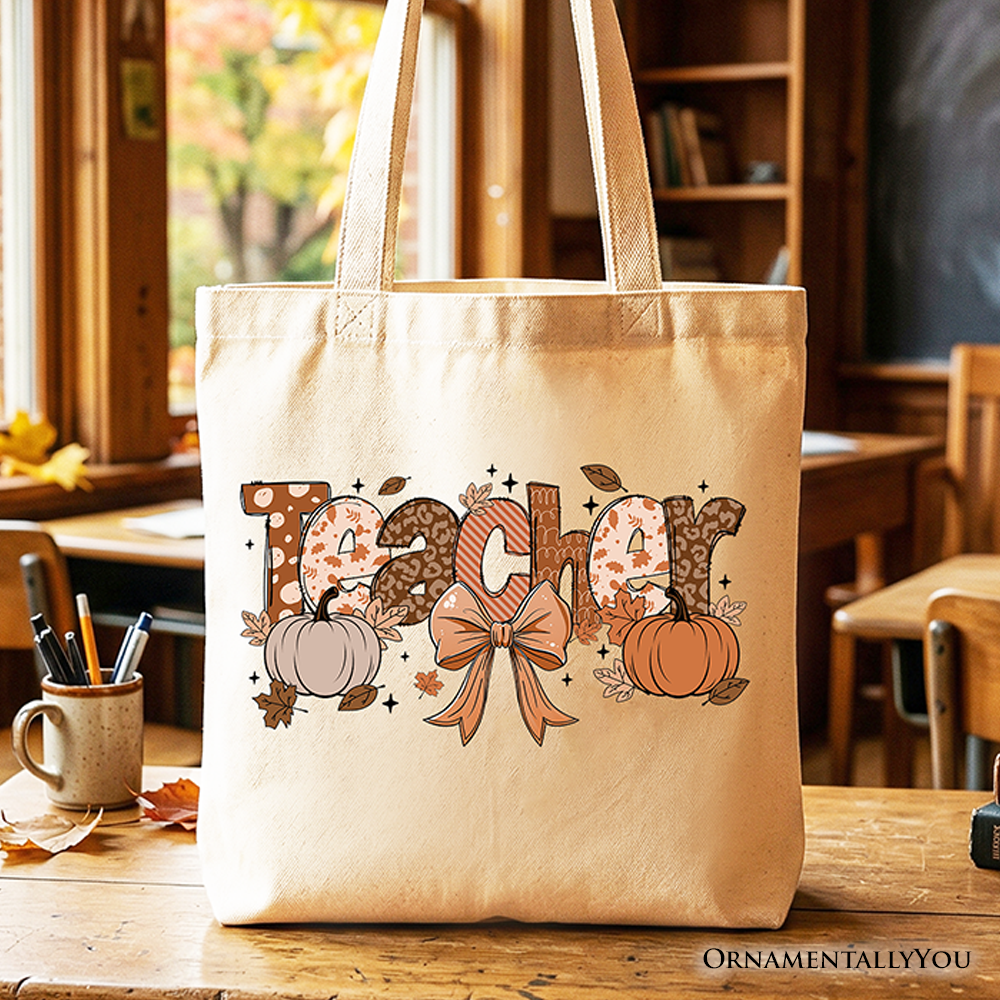 Teacher Coquette Autumn Tote Bag, Cozy Fall Pumpkin Gift Shopper for Educators