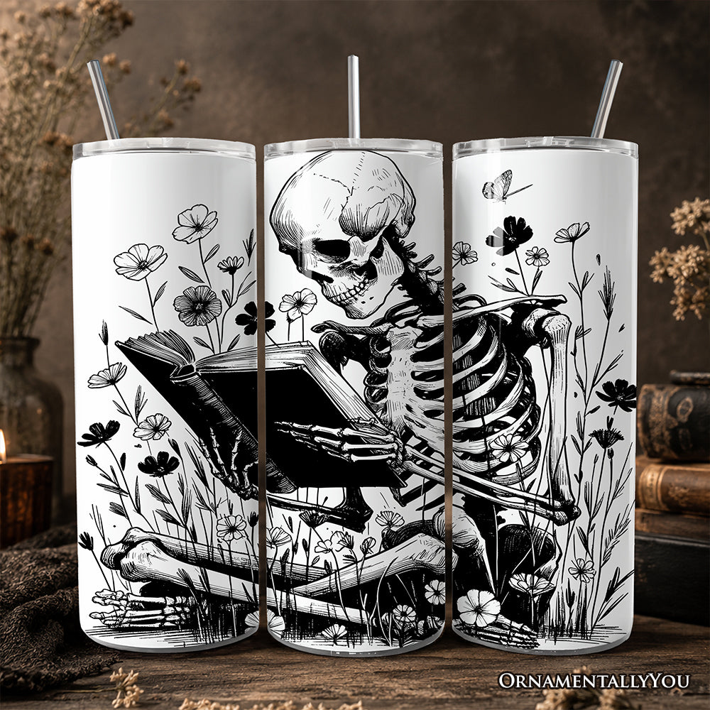 Gothic Reading Skeleton 20oz Personalized Tumbler With Lid and Stainless Steel Straw, Floral Spooky Bookworms Gift Cup