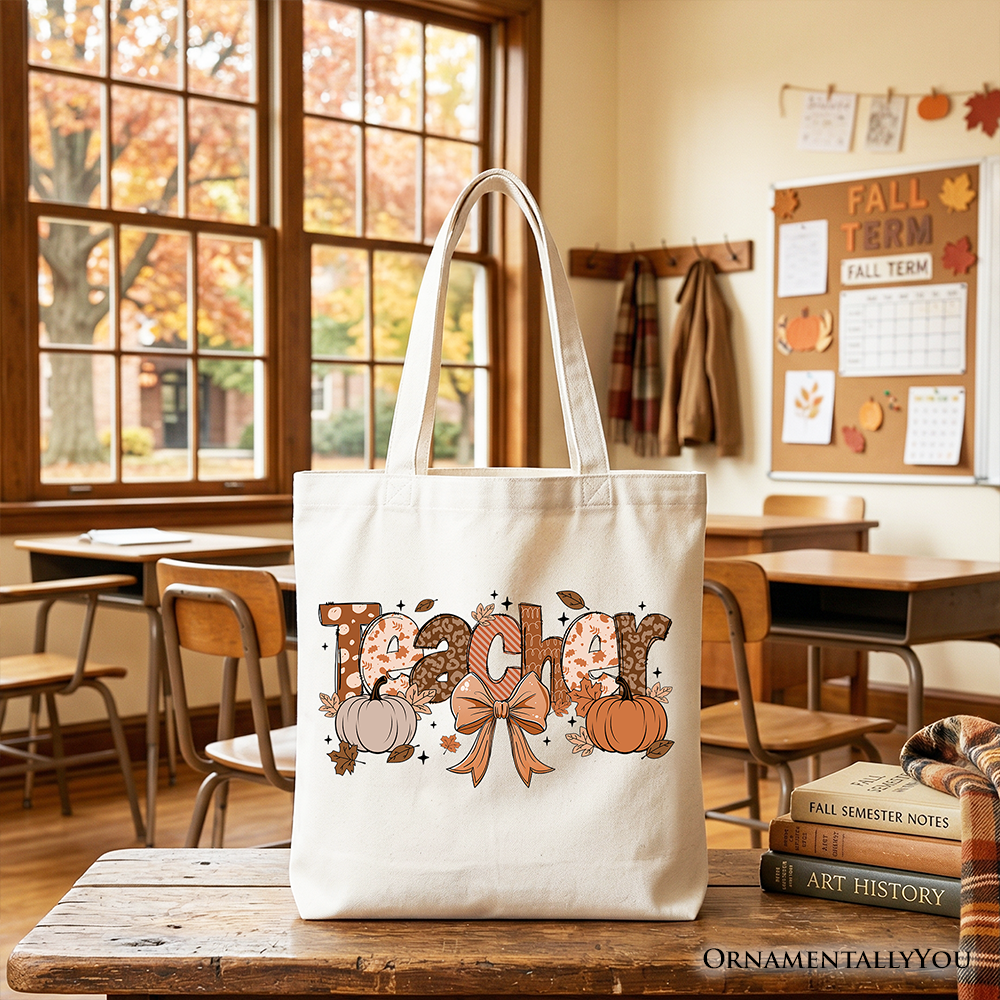 Teacher Coquette Autumn Tote Bag, Cozy Fall Pumpkin Gift Shopper for Educators