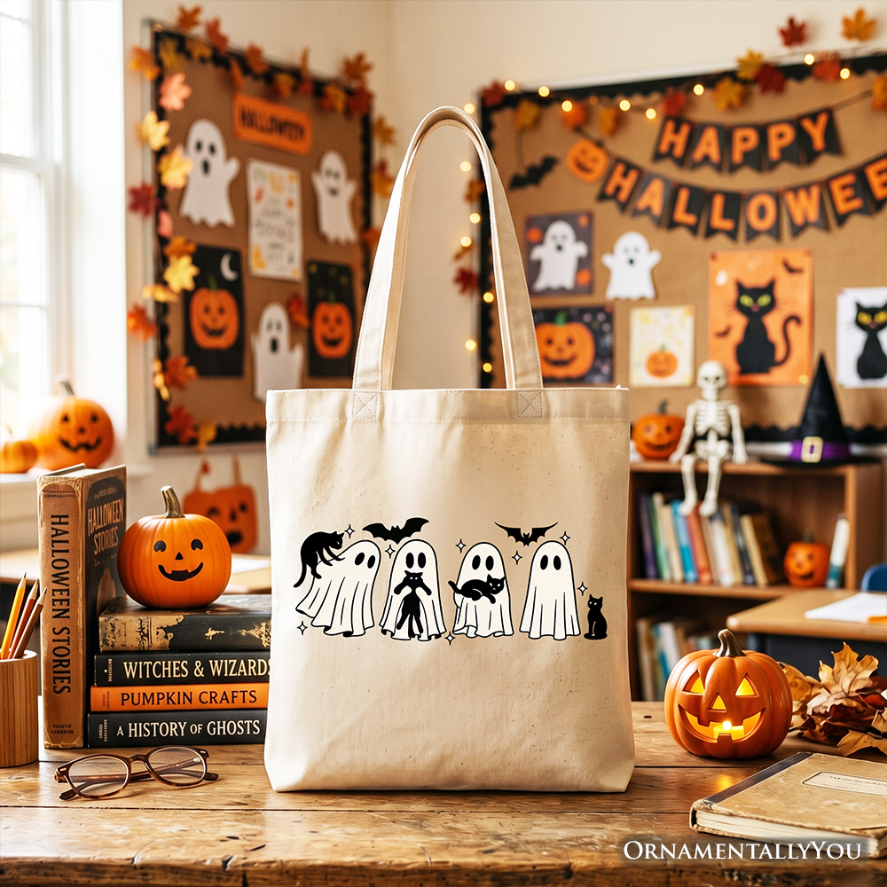 Cute Ghost Teacher Halloween Tote Bag, Retro Boo Spooky School Gift Shopper