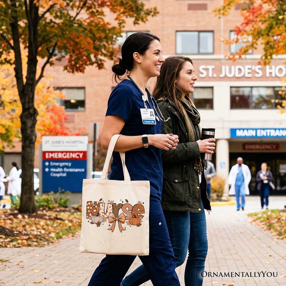 Nurse Coquette Autumn Tote Bag, Cozy Fall Pumpkins for Nurses