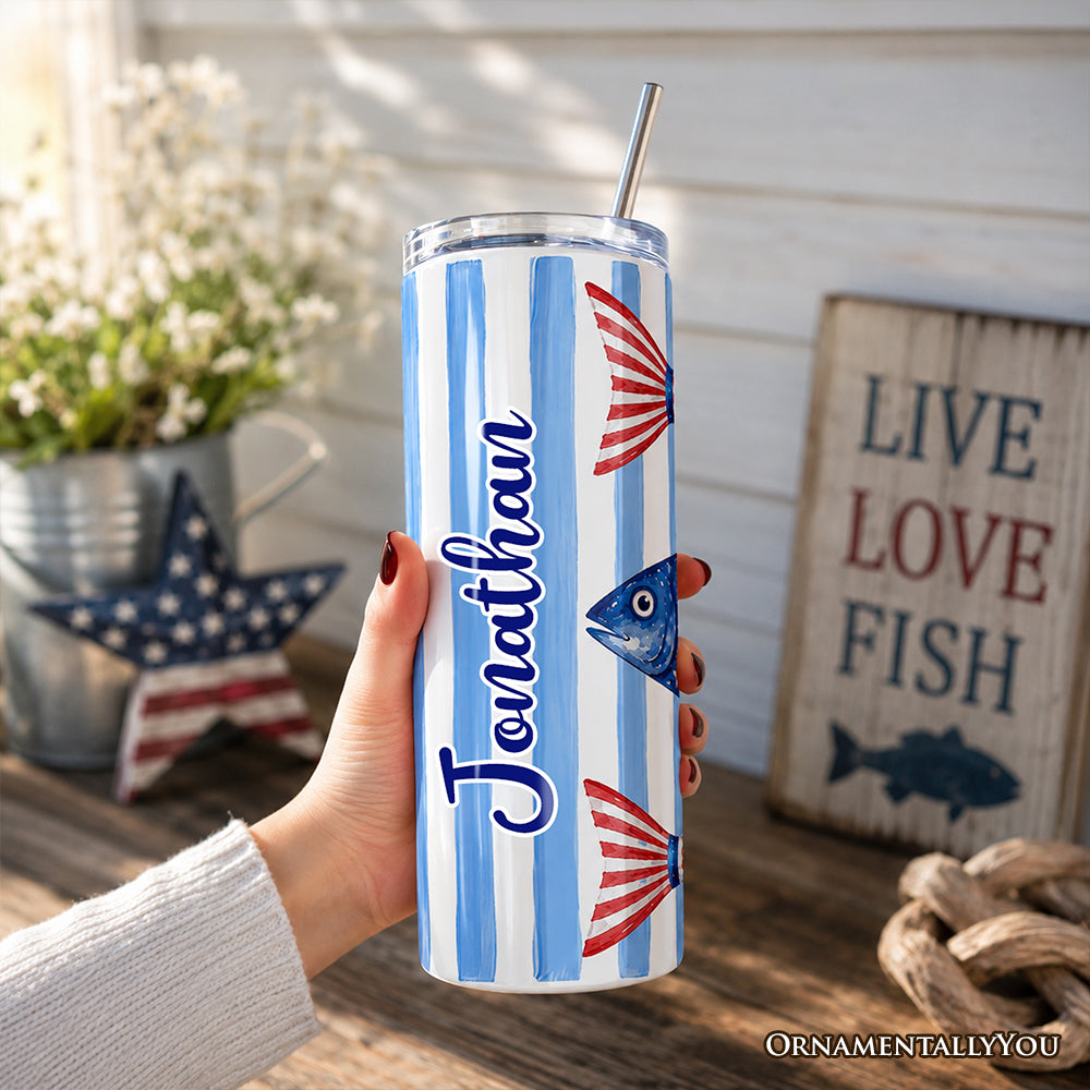 Patriotic Fish Stripe 20oz Personalized Tumbler With Lid and Stainless Steel Straw, 4th of July Angler Gift Cup