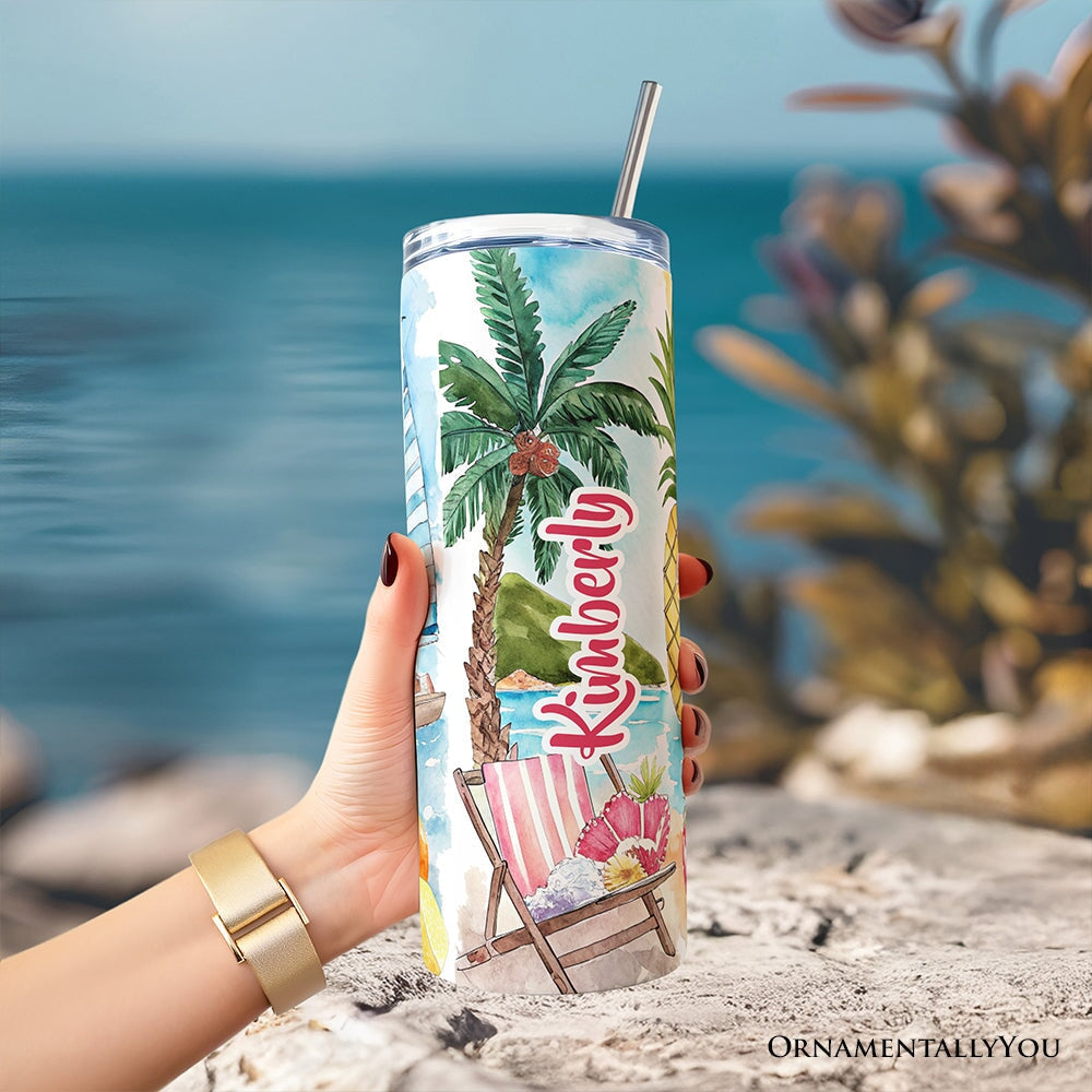 Summer Vibes 20oz Personalized Tumbler With Lid and Stainless Steel Straw, Brushstrokes Vacation Beach Gift Cup