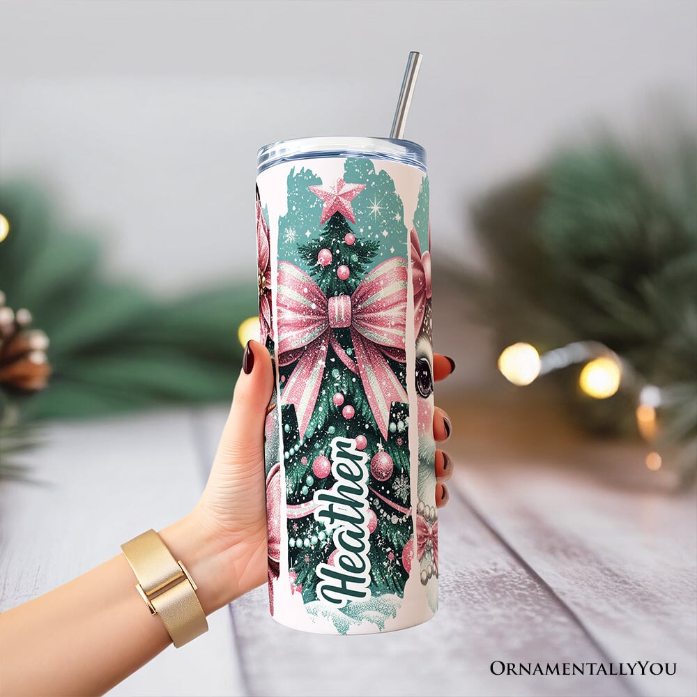 Vintage Tree, Reindeer, Santa and Snowman 20oz Personalized Tumbler With Lid and Stainless Steel Straw, Coquette Pink Christmas Gift Cup