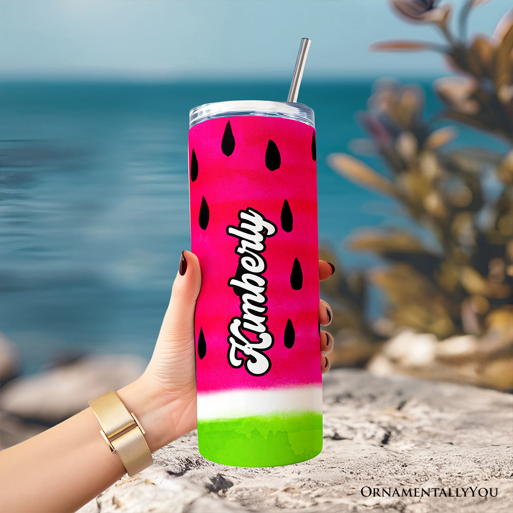 Watermelon Slice Pattern 20oz Personalized Tumbler With Lid and Stainless Steel Straw, Fun Summer Fruit Gift Cup